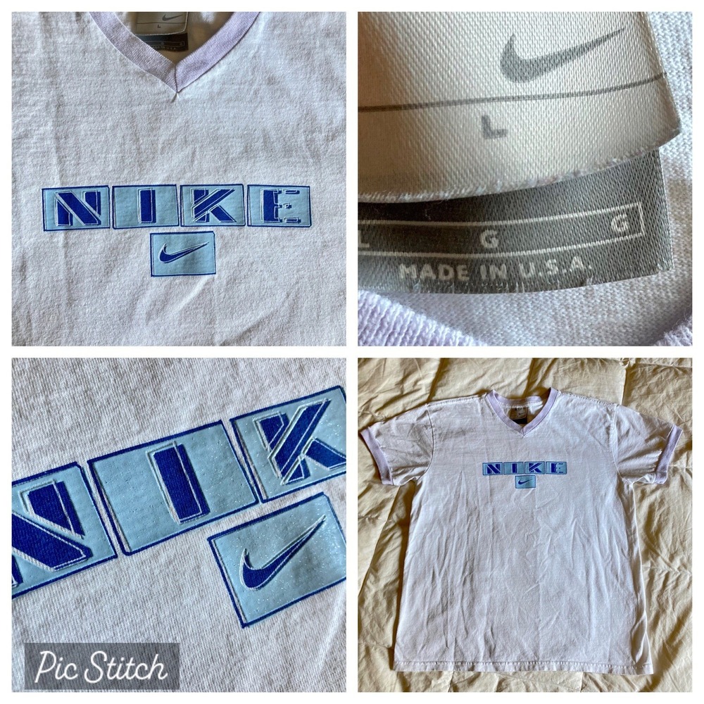 Vintage Nike TShirt L Spell Out Puff Print Glitter Logo Center Swoosh USA Y2K 99